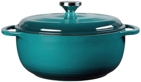 Lodge Lagoon enamel Dutch oven dual handles offer easy transport from stove to table.