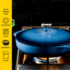 Lodge Essential Enamel Braiser Caribbean Blue enamel finish adds kitchen color and ease of cleaning
