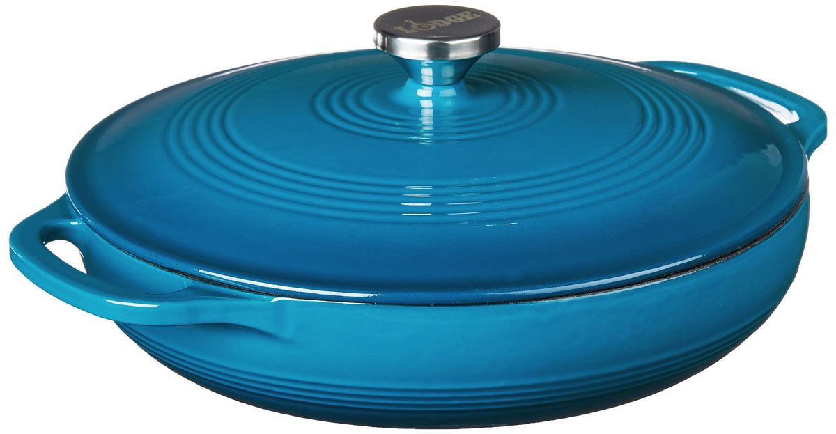 Lodge Essential Enamel Braiser front view in cornflower blue, ideal for braising and table-ready meals.