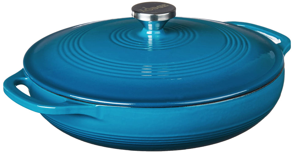 Lodge Essential Enamel Braiser front view in cornflower blue, ideal for braising and table-ready meals.