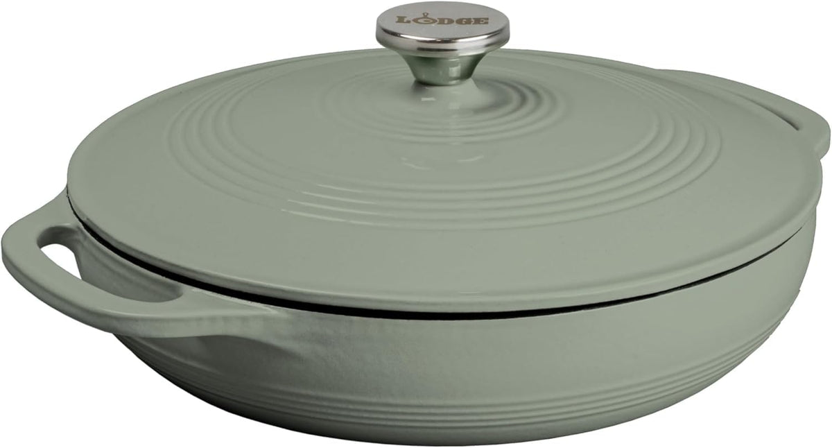 Lodge Essential Enamel Braiser Desert Sage with lid on for moisture retention.
