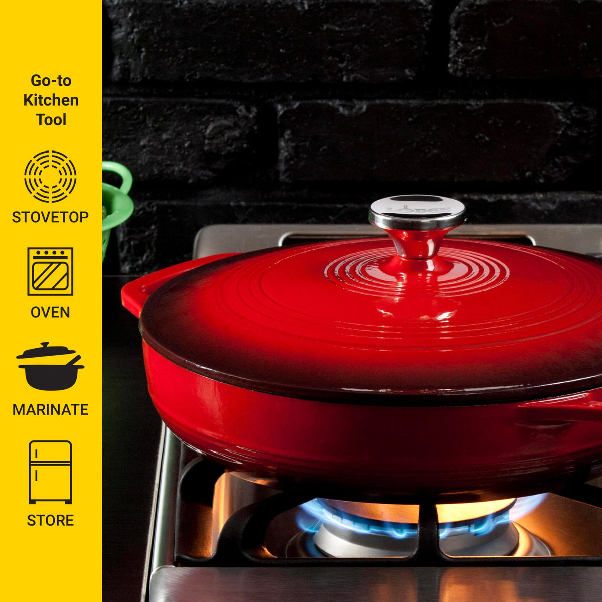 Dual assist handles on Lodge Essential Enamel Braiser for easy stovetop-to-table transfers.