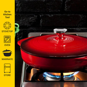 Dual assist handles on Lodge Essential Enamel Braiser for easy stovetop-to-table transfers.