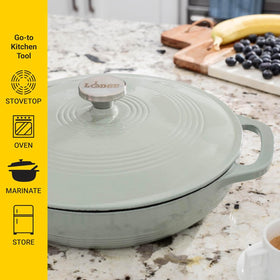 Lodge Essential Enamel Braiser with smooth enamel finish for quick cleanup.