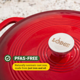 Lodge Essential Enamel Braiser Island Spice Red finish enhances table presentation and easy cleaning.