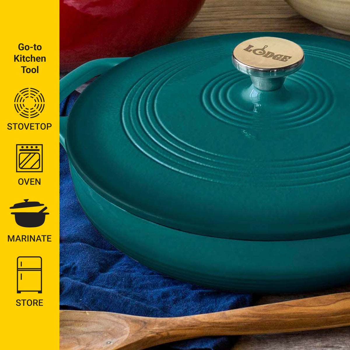 Lodge Essential Enamel Braiser Lagoon dual handles for confident transfers.