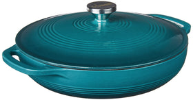 Lodge Essential Enamel Braiser Lagoon with lid for even heat and flavor retention.