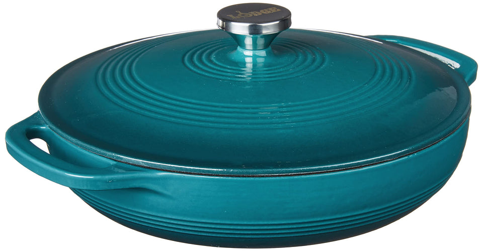 Lodge Essential Enamel Braiser Lagoon with lid for even heat and flavor retention.