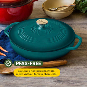 Lodge Braiser Lagoon lid seals moisture for braising and flavor.