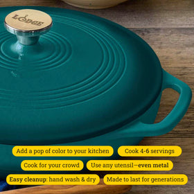 Lodge Essential Enamel Braiser Lagoon top view showing glossy enamel for easy cleaning.
