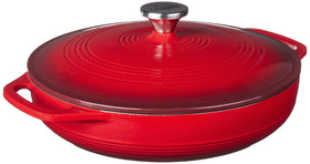 Lodge Essential Enamel Braiser lid close-up showing moisture-locking seal for flavor retention.
