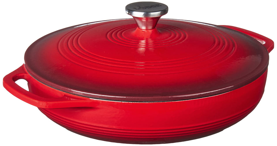 Lodge Essential Enamel Braiser lid close-up showing moisture-locking seal for flavor retention.