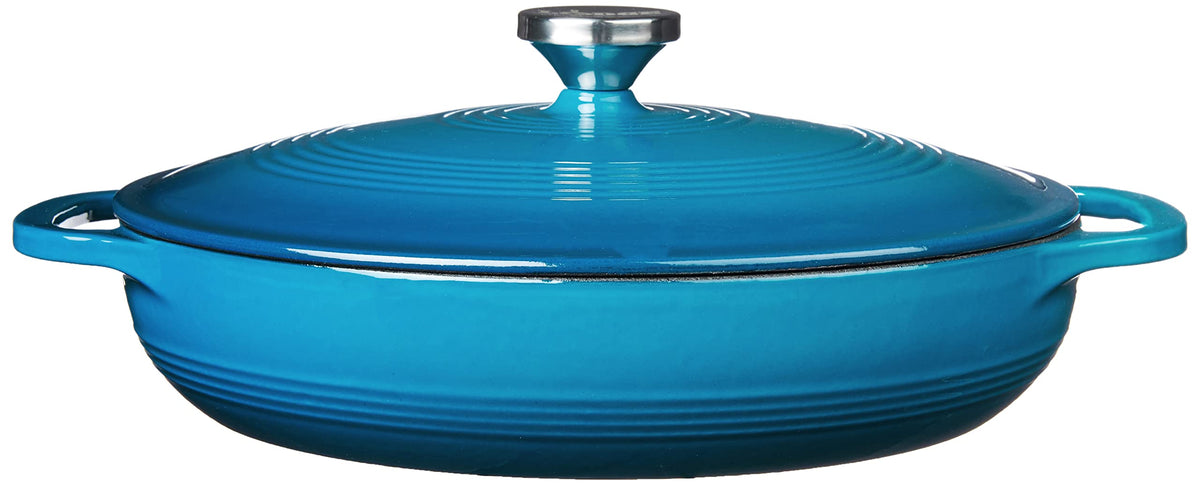Lodge Essential Enamel Braiser with lid and dual handles, showcasing heat-retaining design.