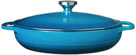 Lodge Essential Enamel Braiser with lid and dual handles, showcasing heat-retaining design.
