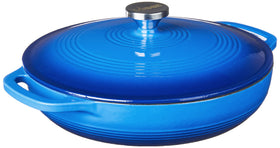 Lodge Essential Enamel Braiser lid showing moisture-locking design for braising
