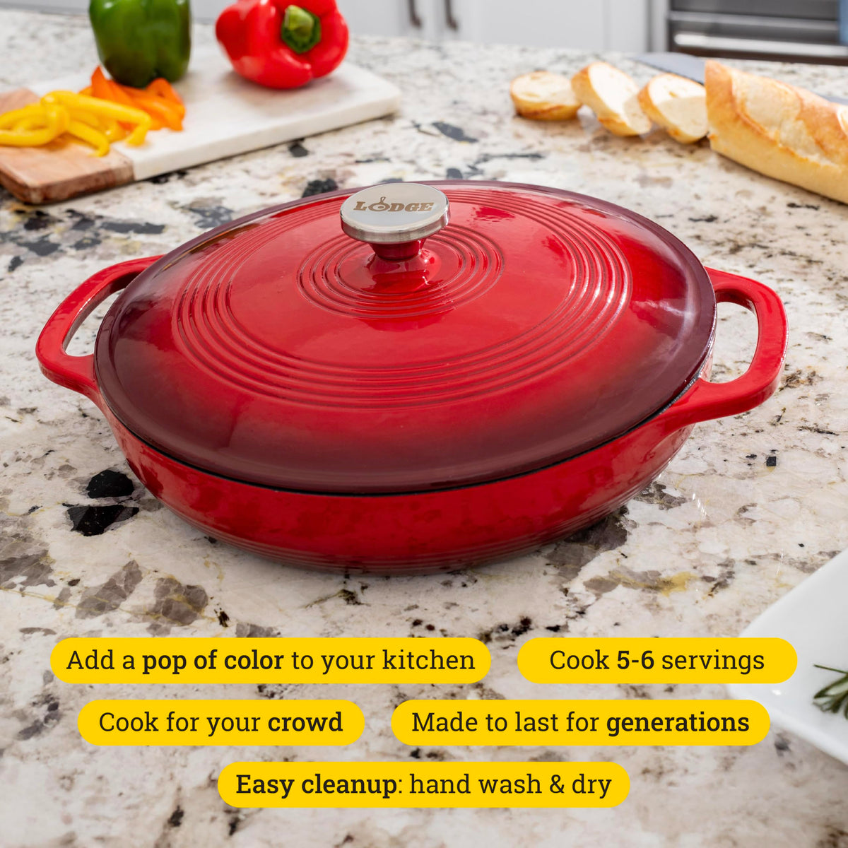 Lodge Essential Enamel Braiser in oven demonstrates oven-safe up to 500°F and even heat.