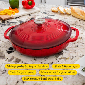 Lodge Essential Enamel Braiser in oven demonstrates oven-safe up to 500°F and even heat.