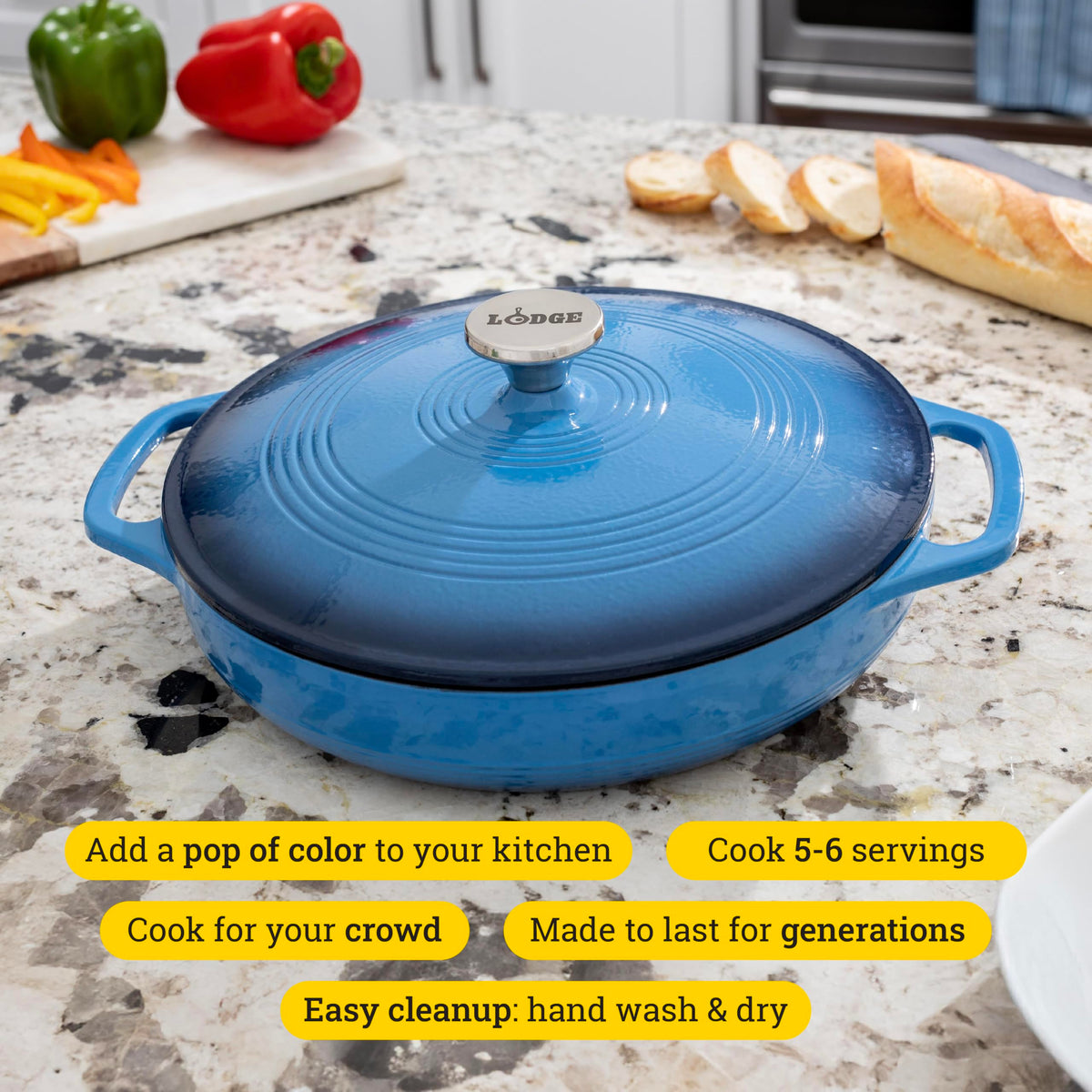 Lodge Essential Enamel Braiser side view highlighting even heat distribution