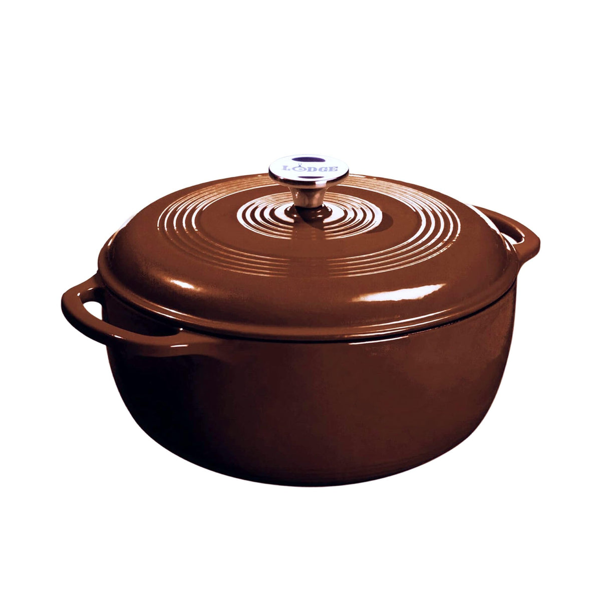 Lodge Essential enamel cast iron Dutch oven in burnt sienna 6qt delivers even heat.