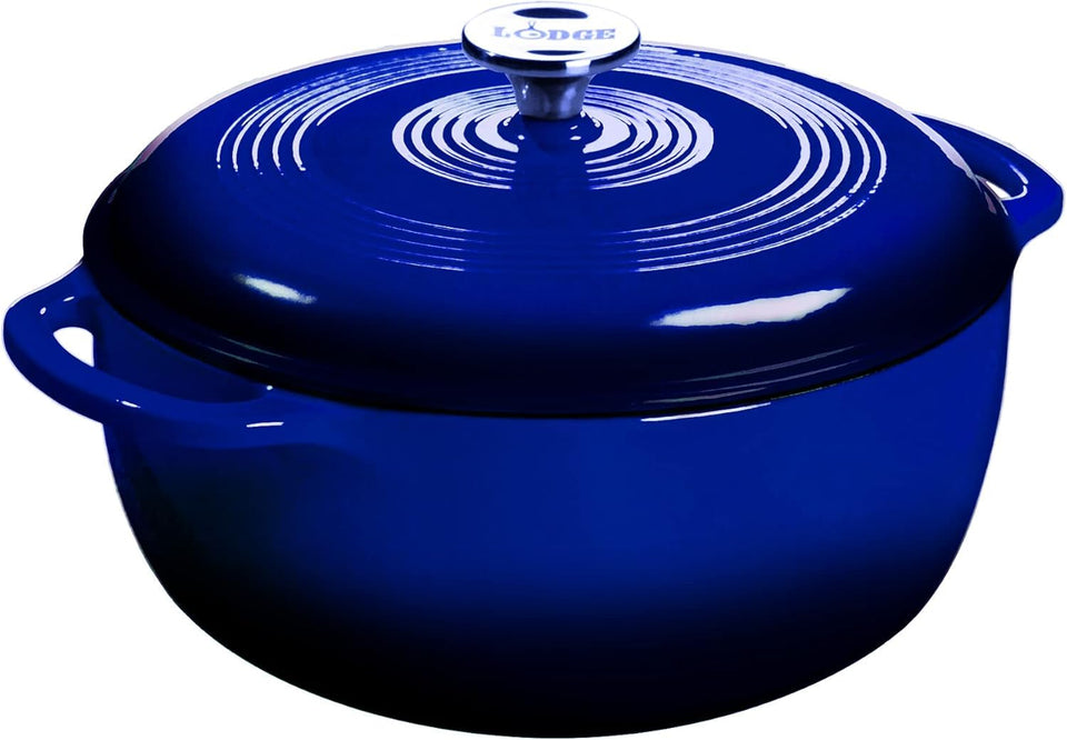 Lodge Indigo enamel cast iron Dutch oven with lid, showcasing durable body for even heating.