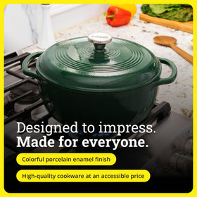 Lodge Essential Enamel Dutch Oven evergreen with braised dish releasing rich aromas.