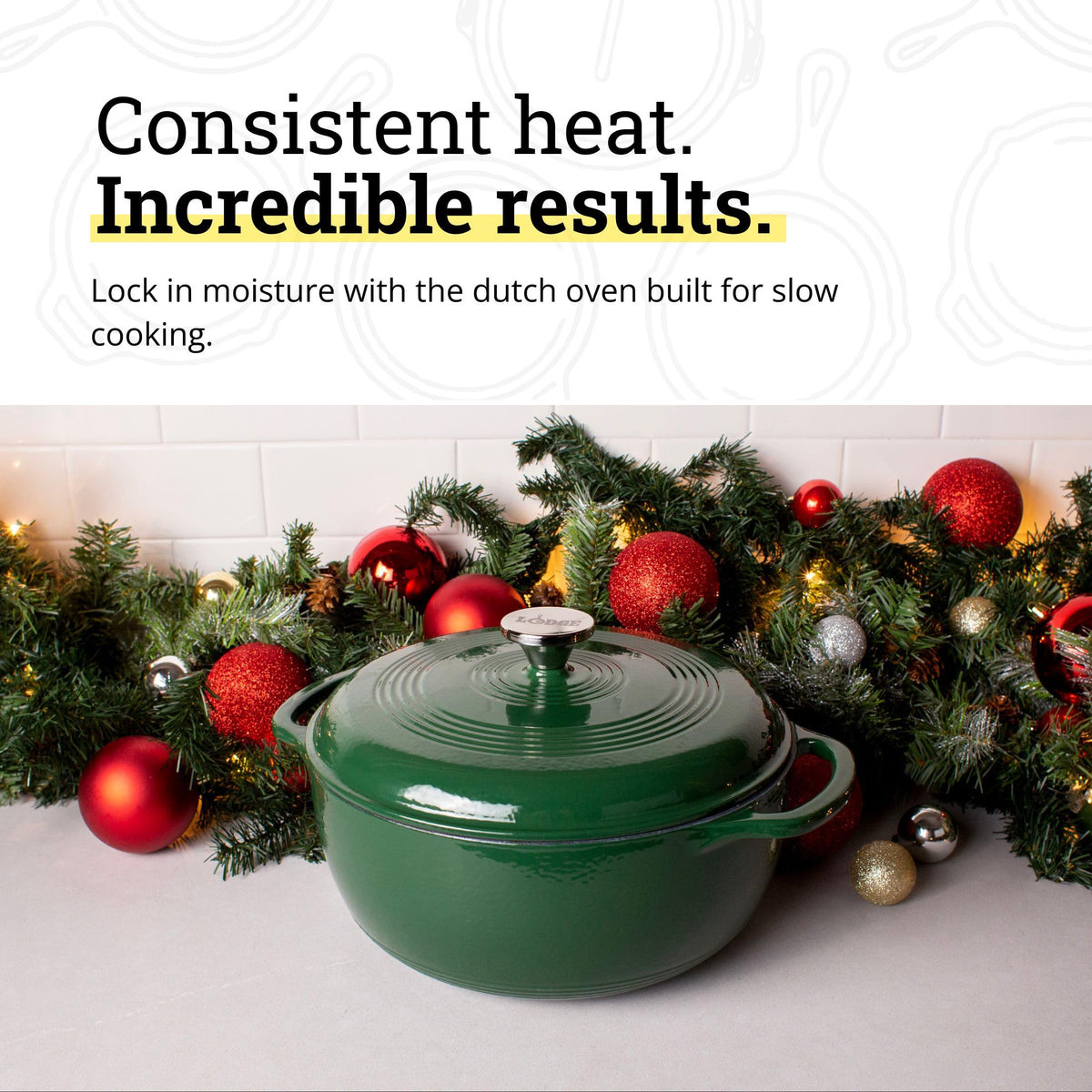 Lodge Essential Enamel Dutch Oven evergreen lid close-up emphasizing moisture-sealing design.
