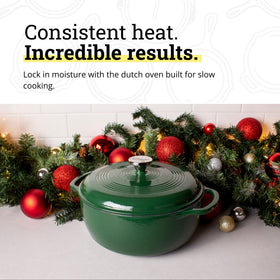 Lodge Essential Enamel Dutch Oven evergreen lid close-up emphasizing moisture-sealing design.