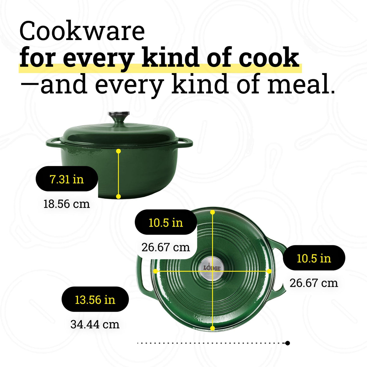 Lodge Essential Enamel Dutch Oven evergreen in oven up to 500°F for finished dishes.