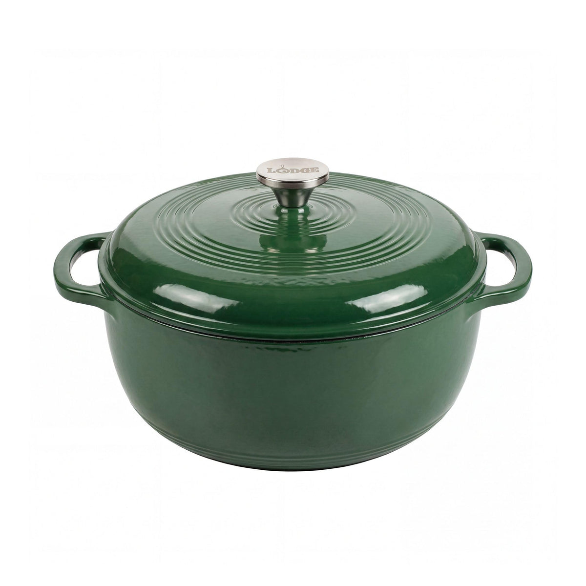 Lodge Essential Enamel Dutch Oven evergreen top view highlighting sturdy construction and heat retention.