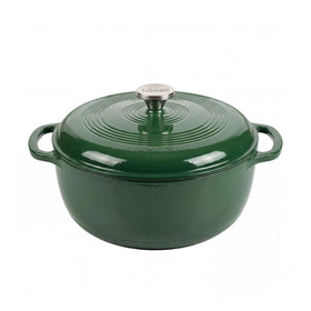 Lodge Essential Enamel Dutch Oven evergreen top view highlighting sturdy construction and heat retention.