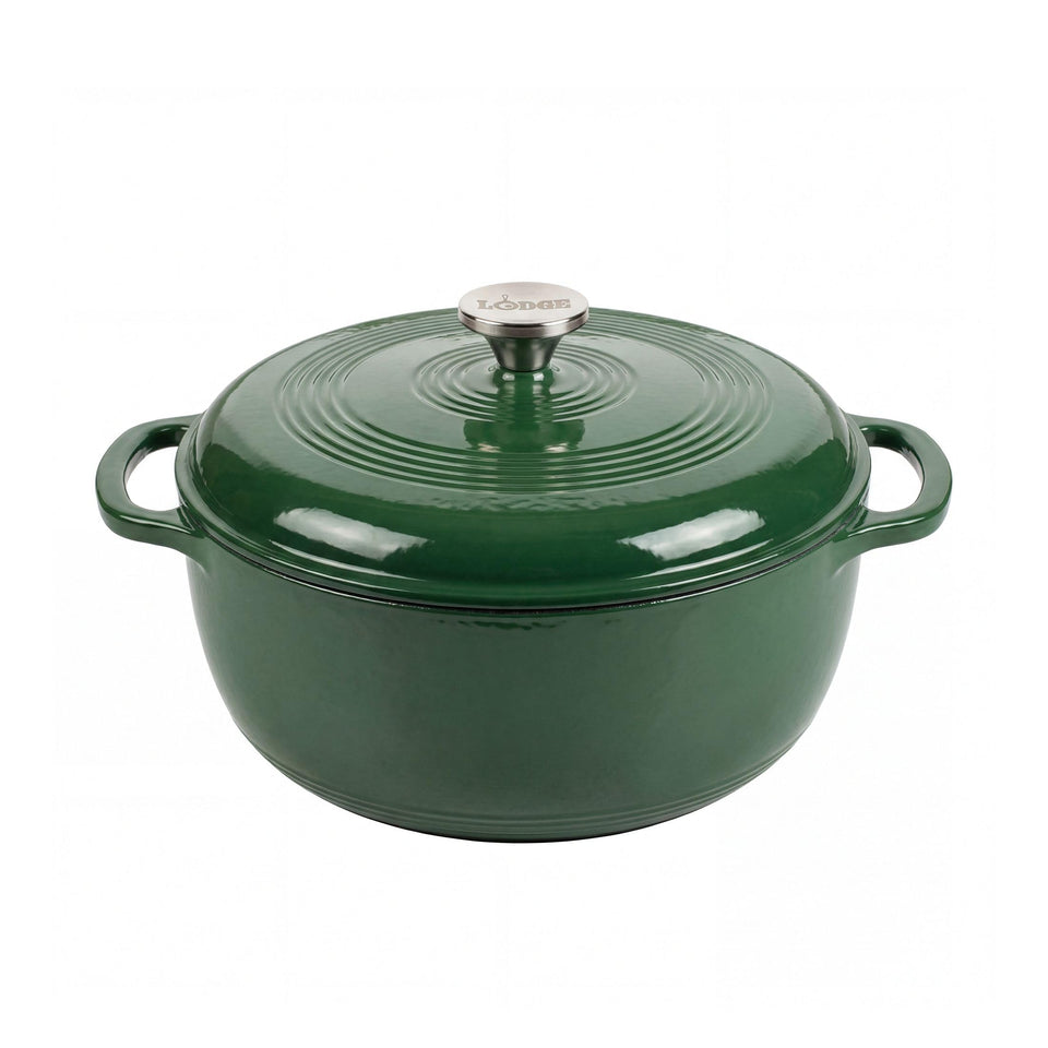 Lodge Essential Enamel Dutch Oven evergreen top view highlighting sturdy construction and heat retention.