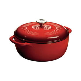 Lodge Essential Enamel Dutch Oven in Island Spice Red, front view for even heating and stylish serving.