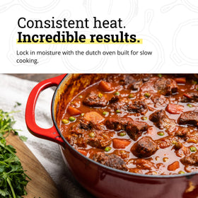 Lodge enamel interior shown, non-reactive surface ideal for marinating and cooking acidic ingredients.