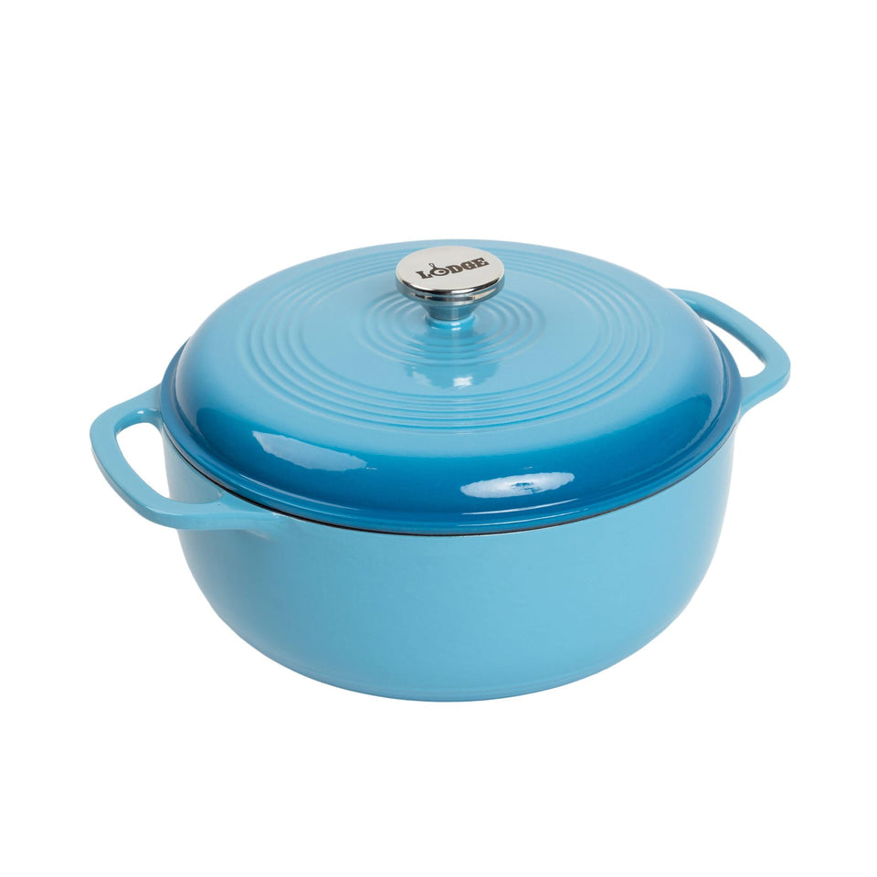 Lodge Essential Enamel Dutch Oven in cornflower blue, top view, heat retention for even cooking