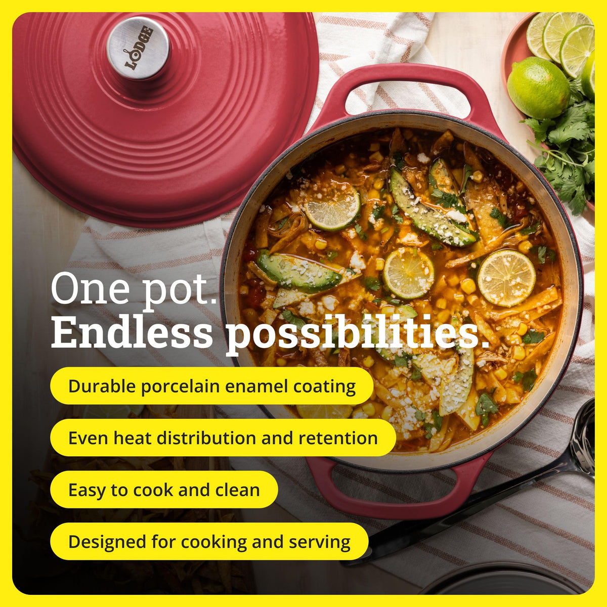 Lodge Essential enamel Dutch Oven with dual handles for easy stove-to-table transfers.