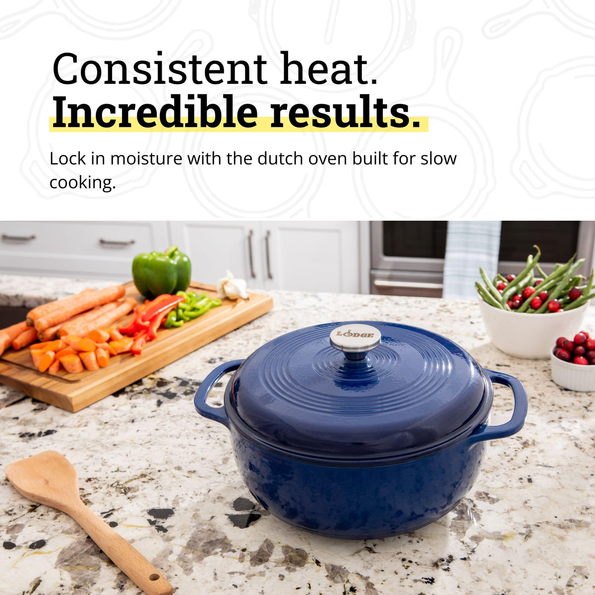 Lodge Essential Enamel Dutch Oven Indigo, dual handles for easy transport from stove to table.