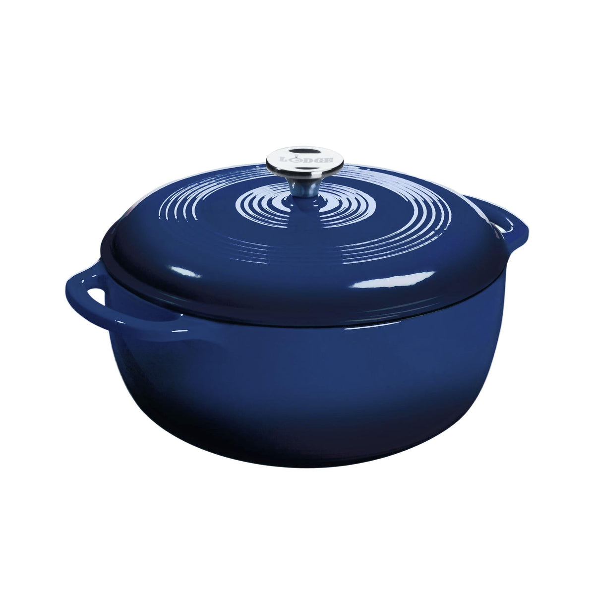 Lodge Essential Enamel Dutch Oven Indigo, front view, steady heat for braising and simmering.