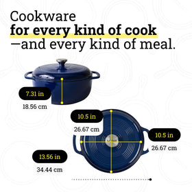 Lodge Essential Enamel Dutch Oven Indigo interior close-up, non-toxic surface resists acidic ingredients.
