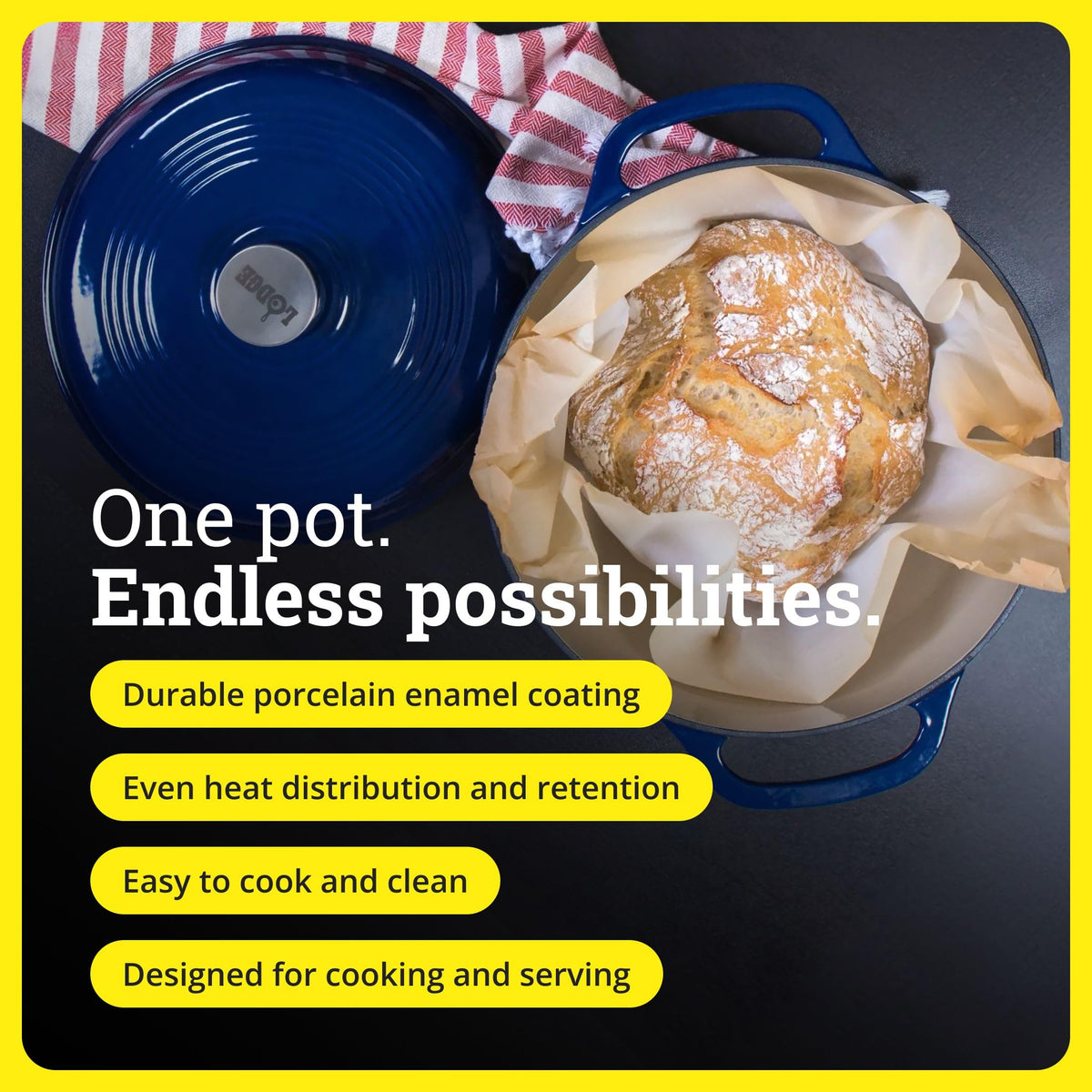 Lodge Essential Enamel Dutch Oven Indigo, lid on, ideal for oven-to-table serving.