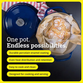 Lodge Essential Enamel Dutch Oven Indigo, lid on, ideal for oven-to-table serving.