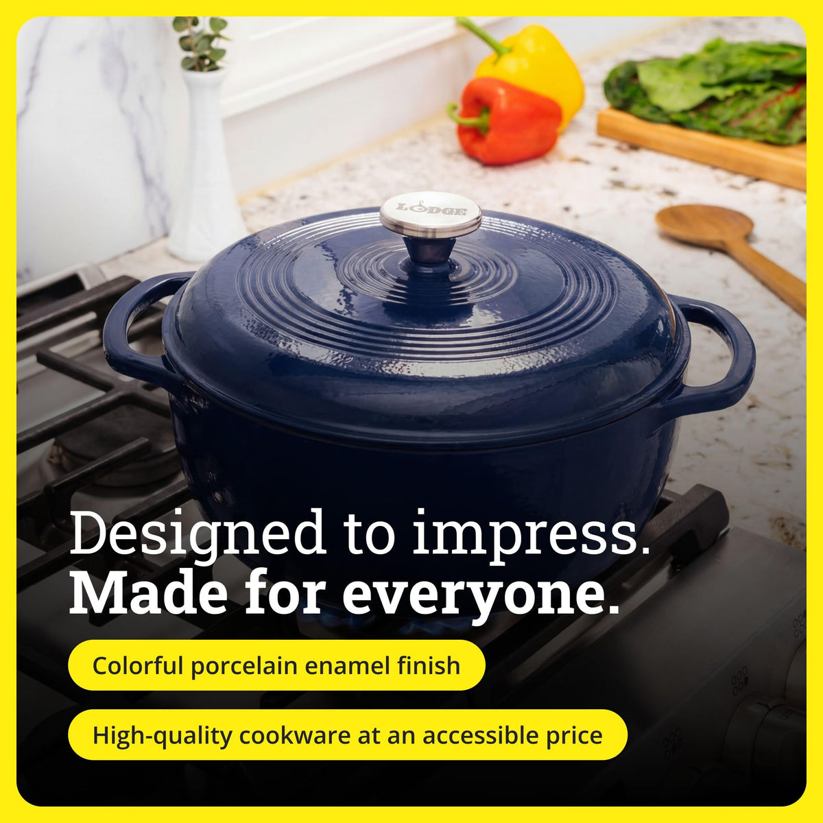 Lodge Essential Enamel Dutch Oven Indigo serving-table, vibrant color adds flair to meals.