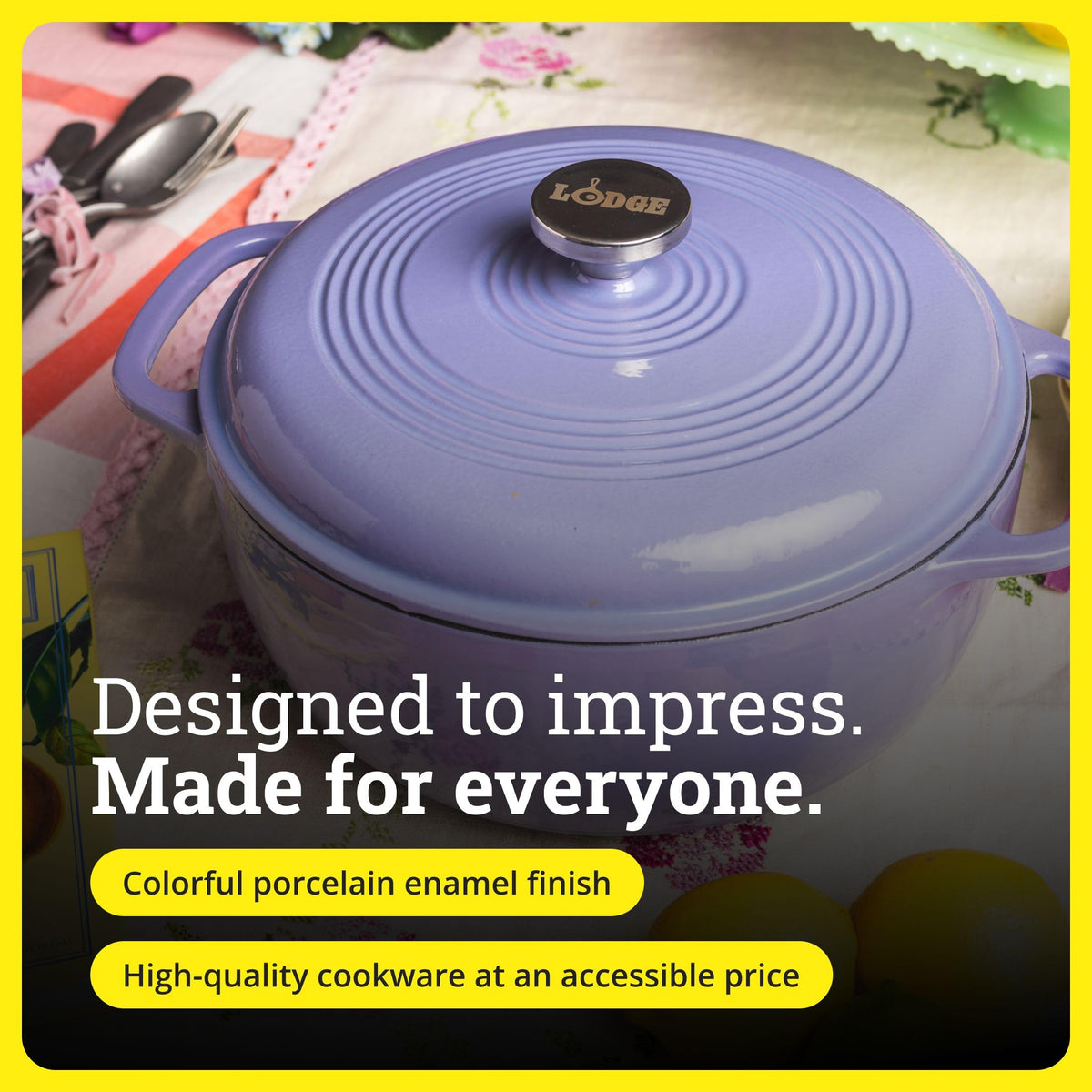 Lodge Essential Enamel Dutch Oven lilac bread-baking scene highlights even crust.