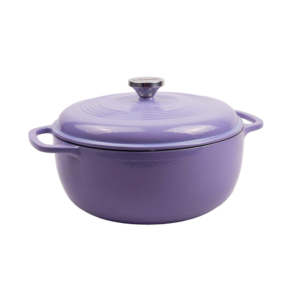Lodge Essential Enamel Dutch Oven lilac front view shows durable enamel finish for versatile cooking.