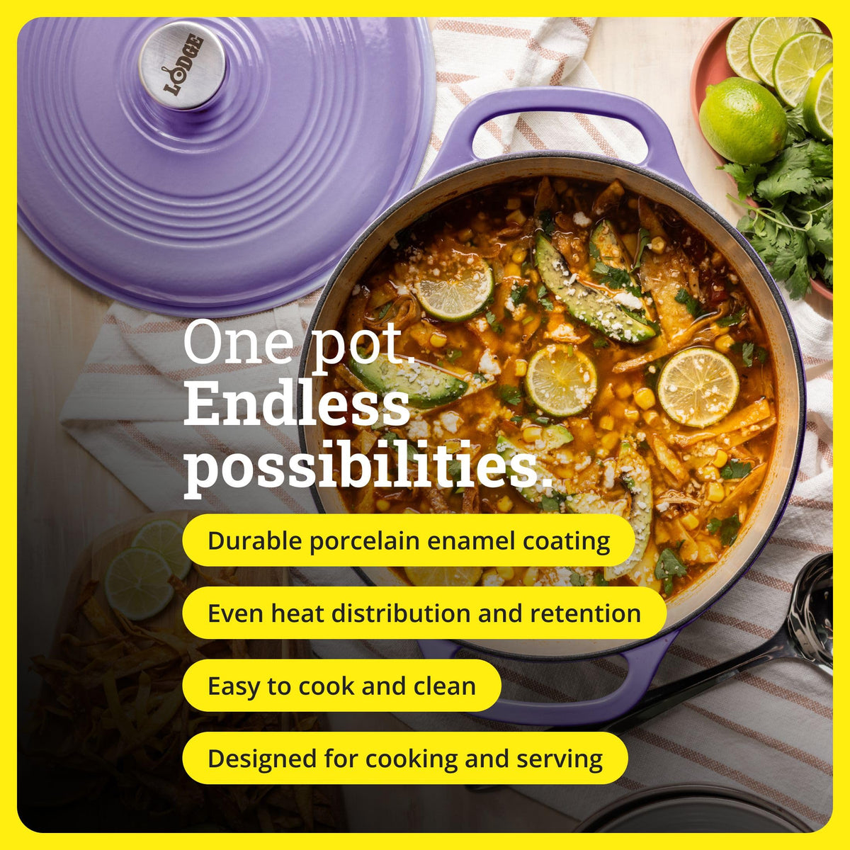 Lodge Essential Enamel Dutch Oven lilac lid closeup highlights moisture-sealing lid for braising.