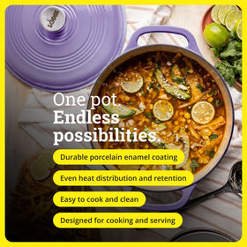 Lodge Essential Enamel Dutch Oven lilac lid closeup highlights moisture-sealing lid for braising.