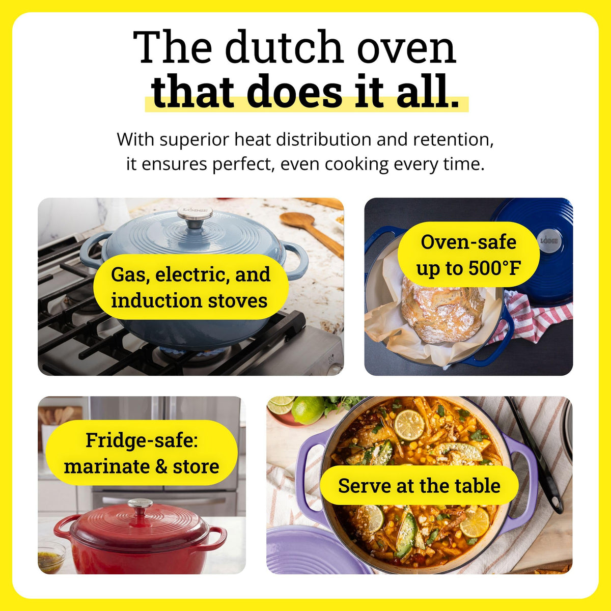 Lodge Essential Enamel Dutch Oven lilac oven-safe highlight shows durable cookware for bake and simmer.