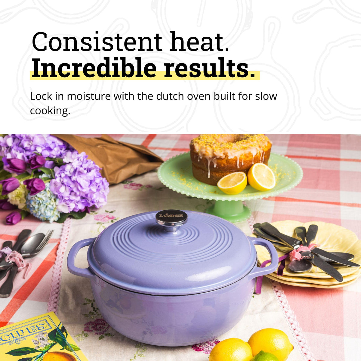 Lodge Essential Enamel Dutch Oven lilac stovetop usage demonstrates even heat retention for consistent results.