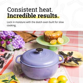 Lodge Essential Enamel Dutch Oven lilac stovetop usage demonstrates even heat retention for consistent results.