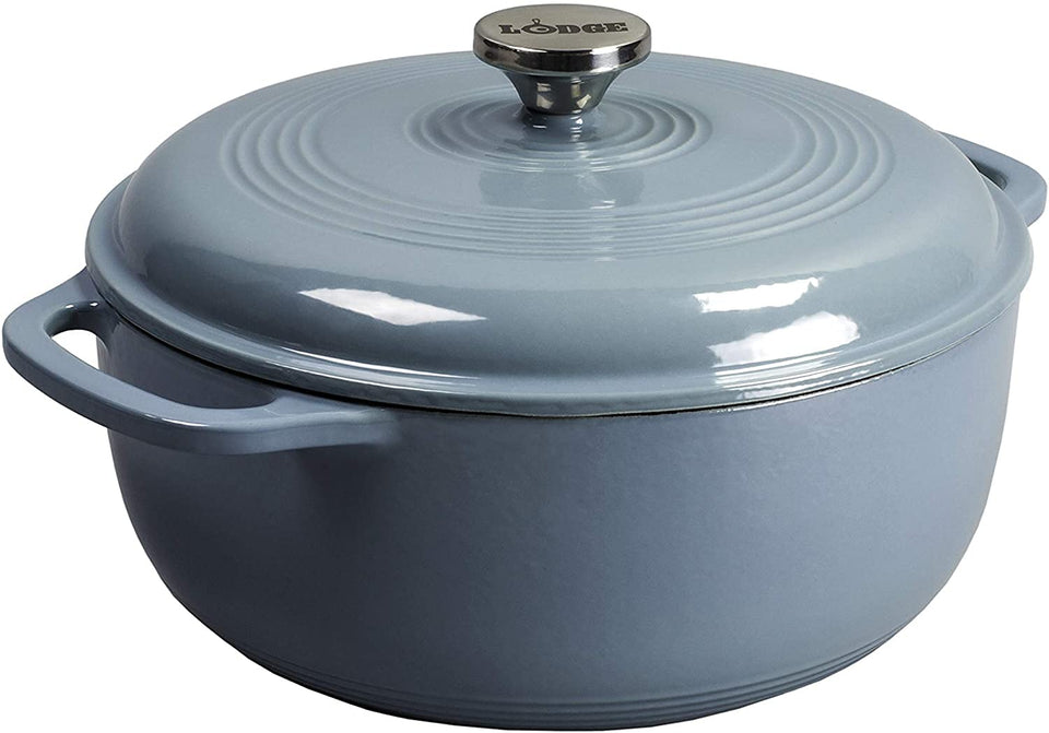 Lodge Essential Enamel Dutch Oven Storm Blue body ideal for even heat and braising.