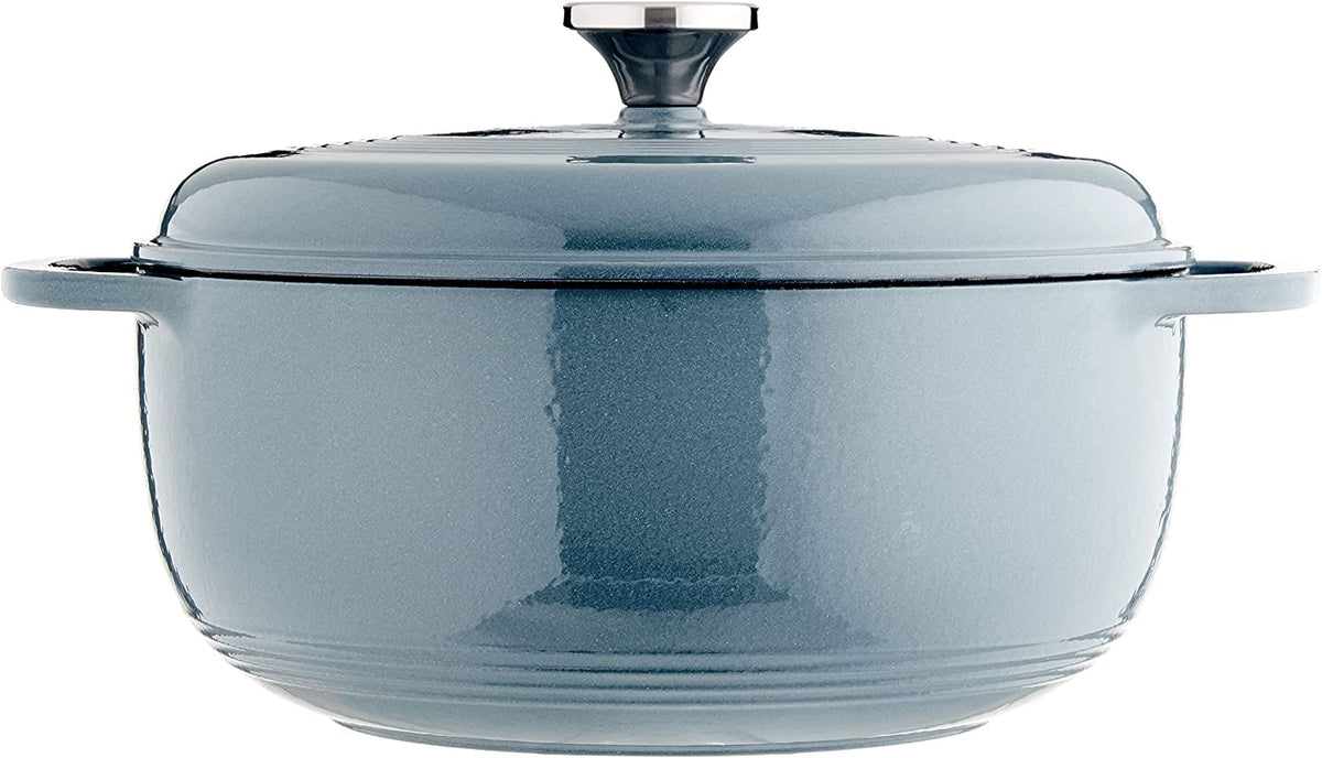 Lodge Essential Enamel Dutch Oven Storm Blue lid that locks in moisture.